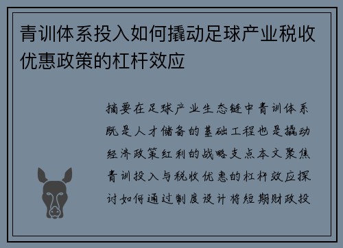 青训体系投入如何撬动足球产业税收优惠政策的杠杆效应
